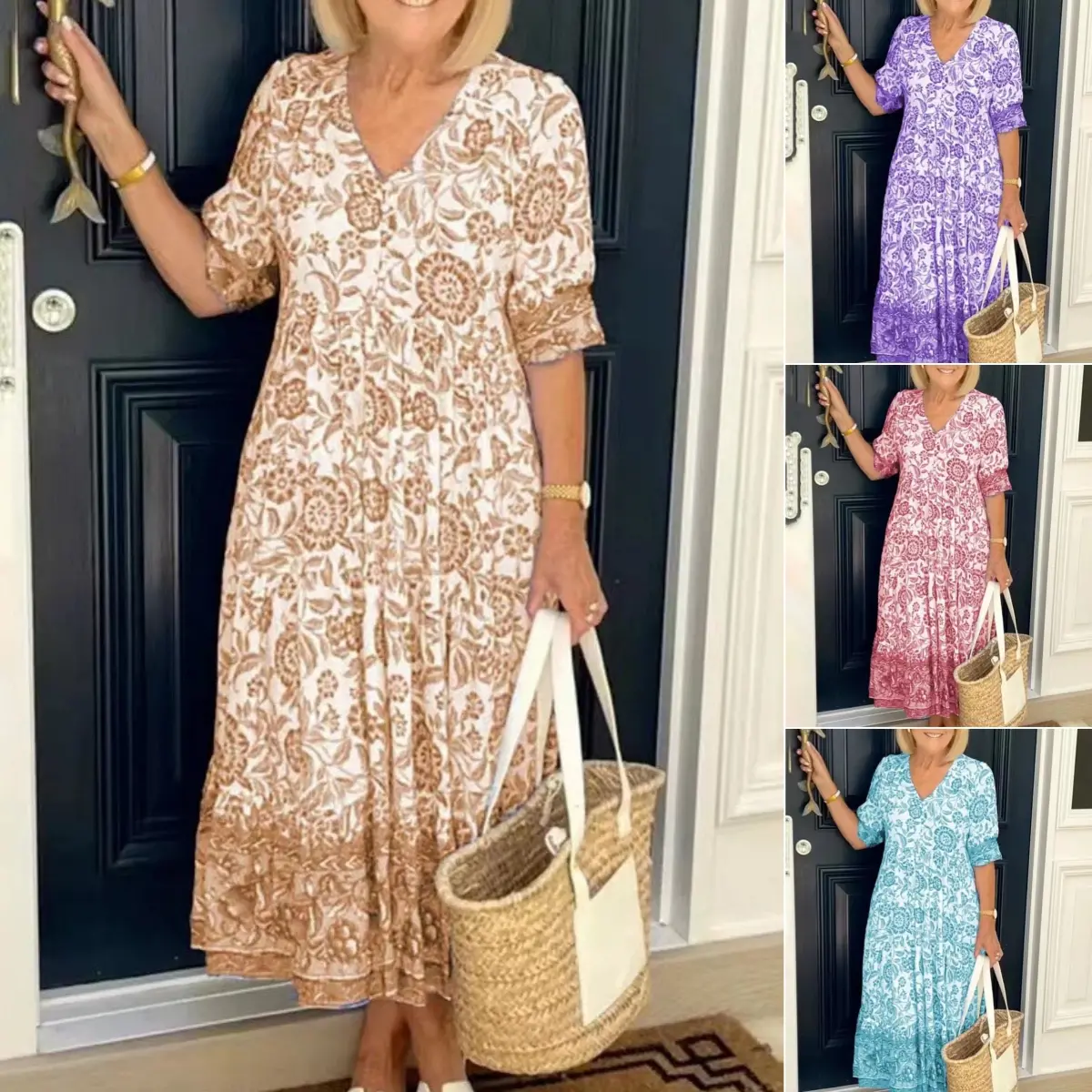 💃【S-3XL】2025 nuevo vestido largo floral elegante con cuello en V